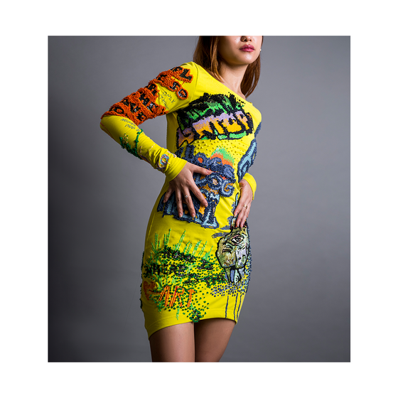 Handcrafted Graffiti Dress (Lemon Yellow)