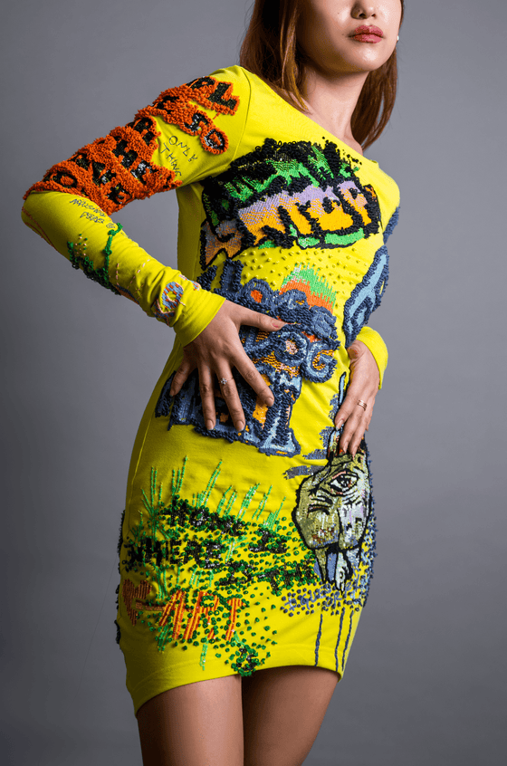 Handcrafted Graffiti Dress (Lemon Yellow) HUEMN Handcrafted Graffiti Dress (Lemon Yellow) HUEMN