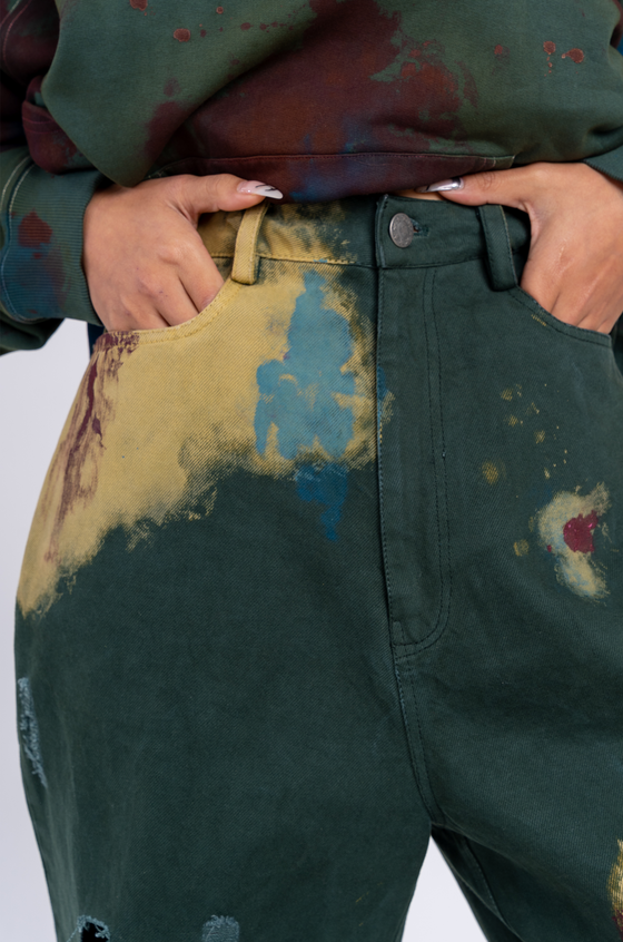 Huemn Blood Washed Wide Leg Ripped Denims (Emerald Green)