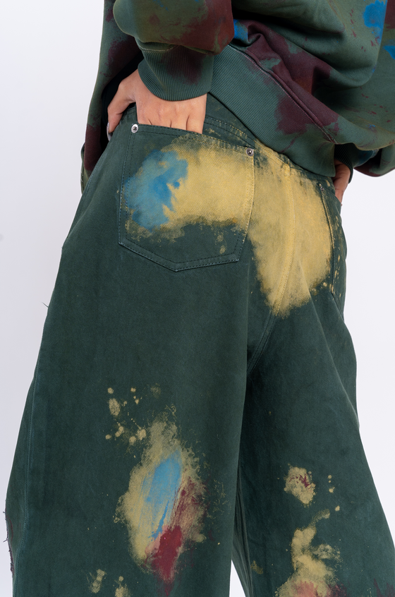 Huemn Blood Washed Wide Leg Ripped Denims (Emerald Green)