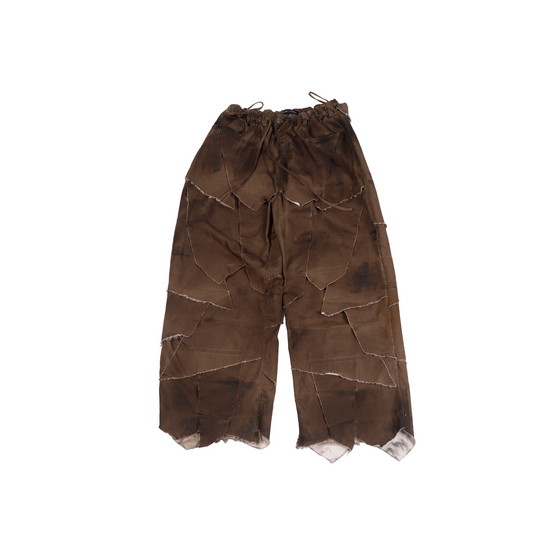 Oversized unisex denim with 100 patched panels and hand-painted mud washed surface (Brown)