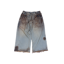  Oversized unisex denim with hand-painted dark mud-washed surface (Indigo)