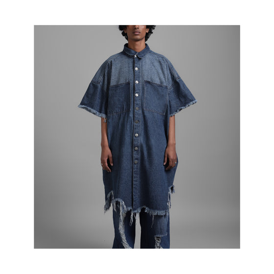 SuperHUEMN Dark Wash Denim Oversized Asymmetric Longline Shirt (Indigo)