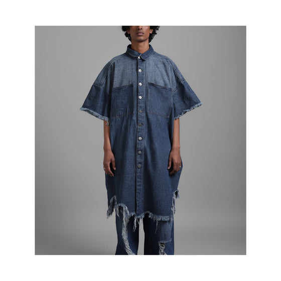 SuperHUEMN Dark Wash Denim Oversized Asymmetric Longline Shirt (Indigo