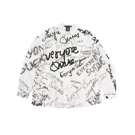 Oversized unisex shirt with 'everyone sucks' all-over print (White)