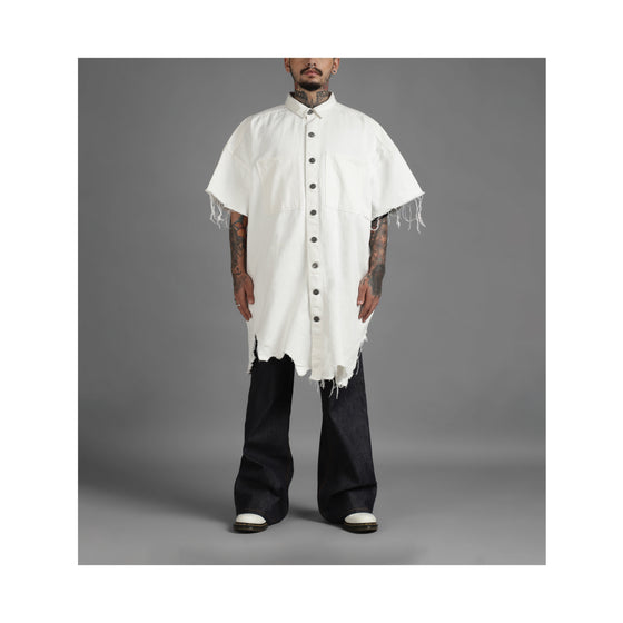 SuperHUEMN Denim Oversized Asymmetric Longline Shirt (White)