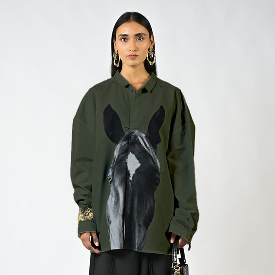 Horse printed cotton shirt - Dark Green