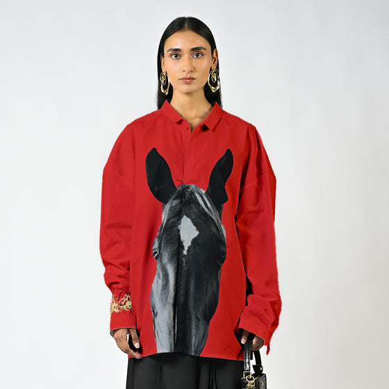 Horse printed cotton shirt - Iconic Red