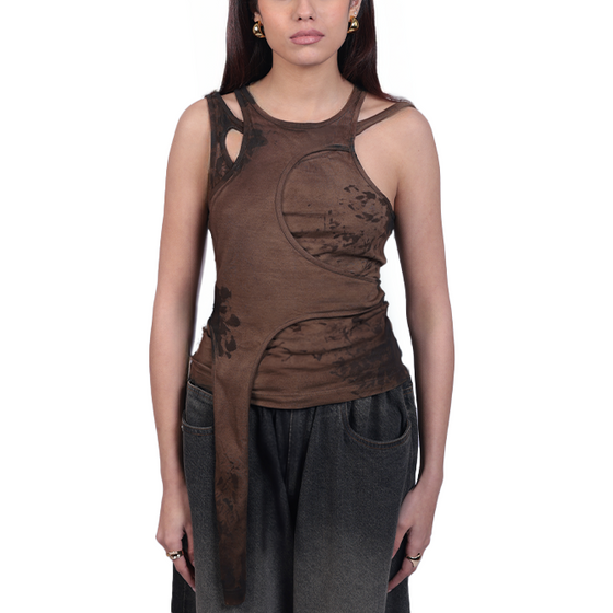 Tank top with layered panels and hand-painted mud washed surface (Brown)