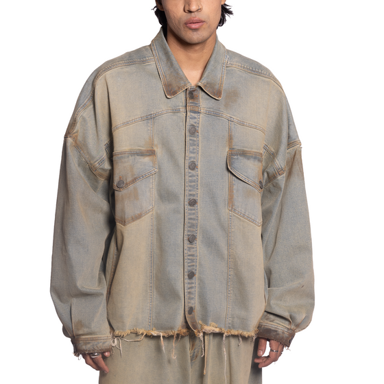 Oversized unisex jacket with hand-painted light mud-washed surface (Indigo)