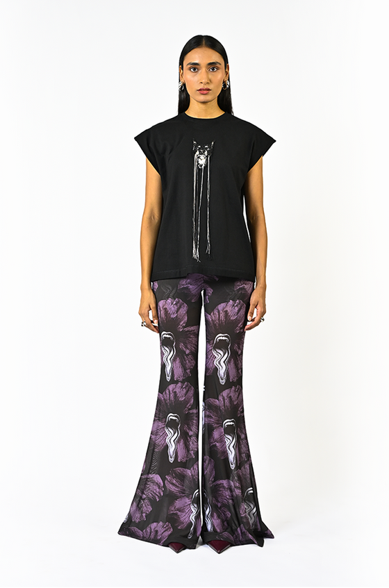 Hand-embroidered canine top with hanging silk threads (Women's) - Black
