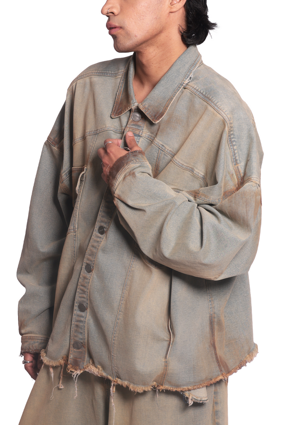 Oversized unisex jacket with hand-painted light mud-washed surface (Indigo)