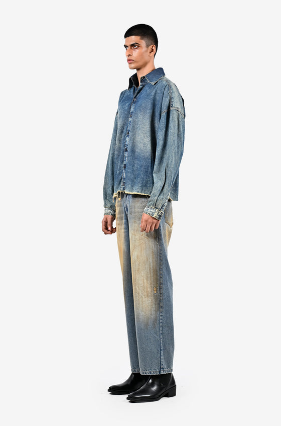 Hand-painted mud-washed denim (Indigo)