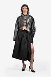 Oversized raw-edge cropped leather bomber jacket