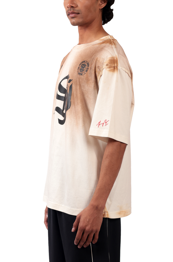 Shreyas Iyer x HUEMN 'SI' monogram T-shirt with handpainted mud-washed surface (White)