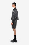 Oversized raw-edge leather bomber jacket