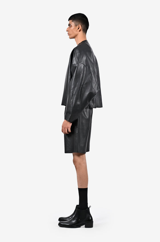 Oversized raw-edge leather bomber jacket