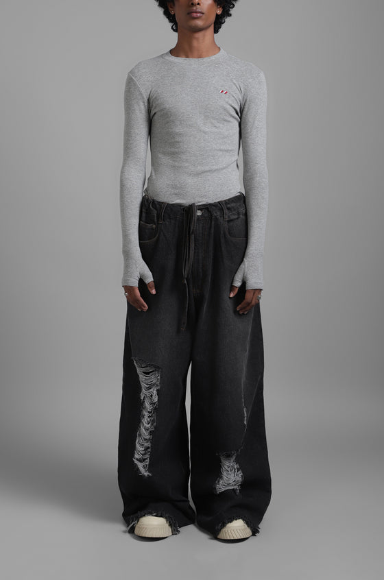 SuperHUEMN Dark Wash Faded Effect Classic Distressed Jeans (Black)