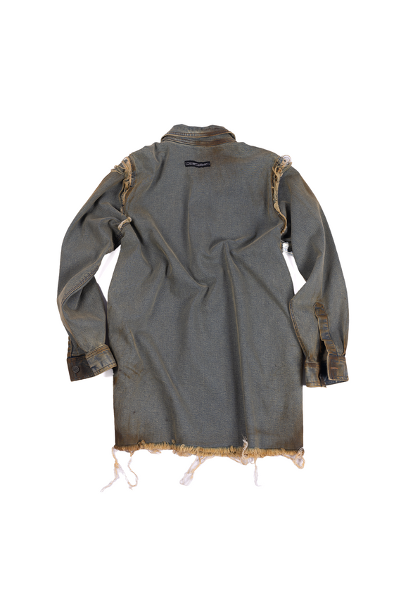 Oversized distressed shirt dress with hand-painted mud washed surface (Indigo)