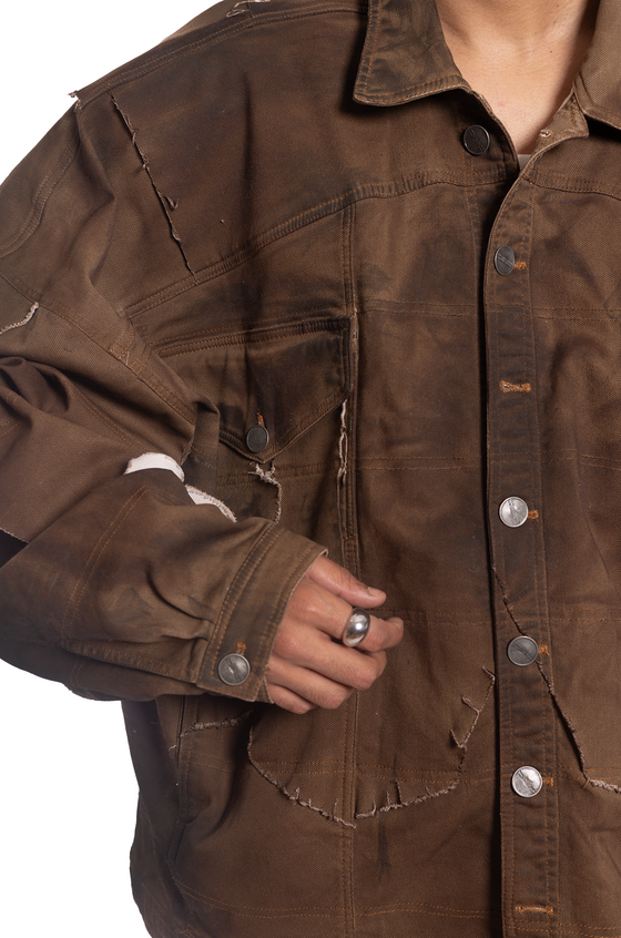 Oversized unisex jacket with 100 patched panels and  hand-painted mud washed surface (Brown)