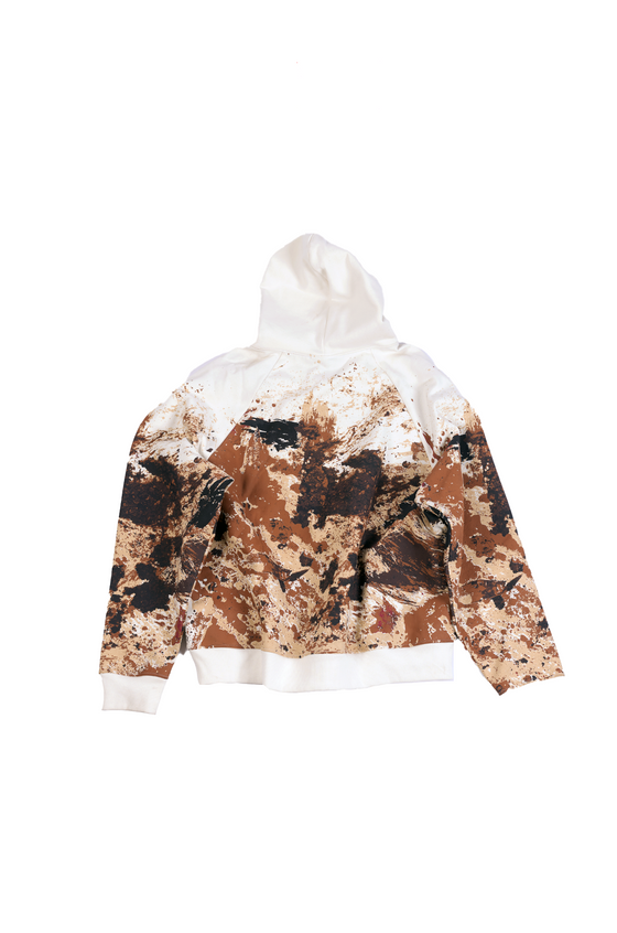 Oversized unisex hoodie with printed 'Mud' texture (White)