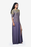 Yellow Flower embroidered purple gown