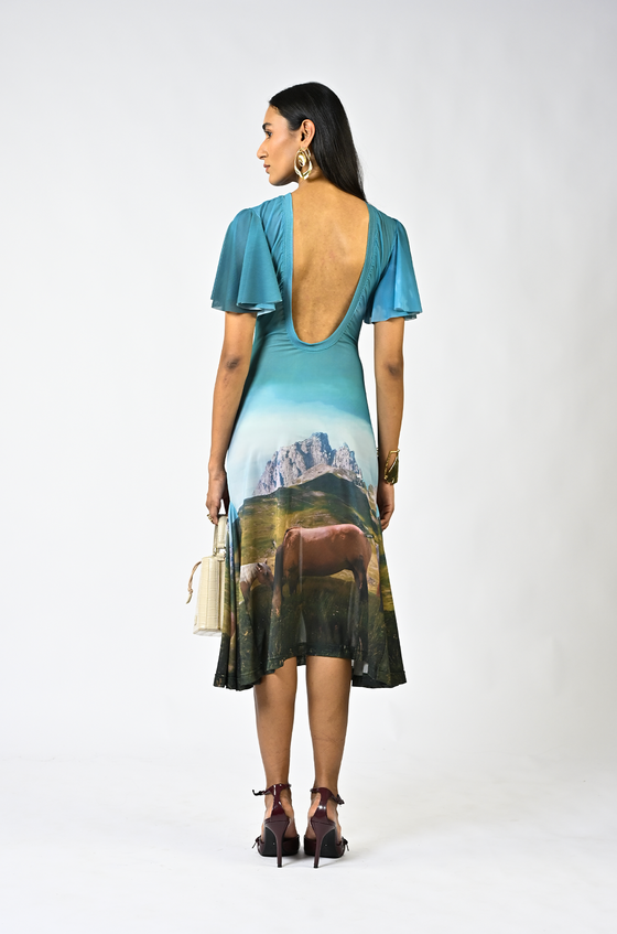 Sculpted horse grazing landscaped lycra dress