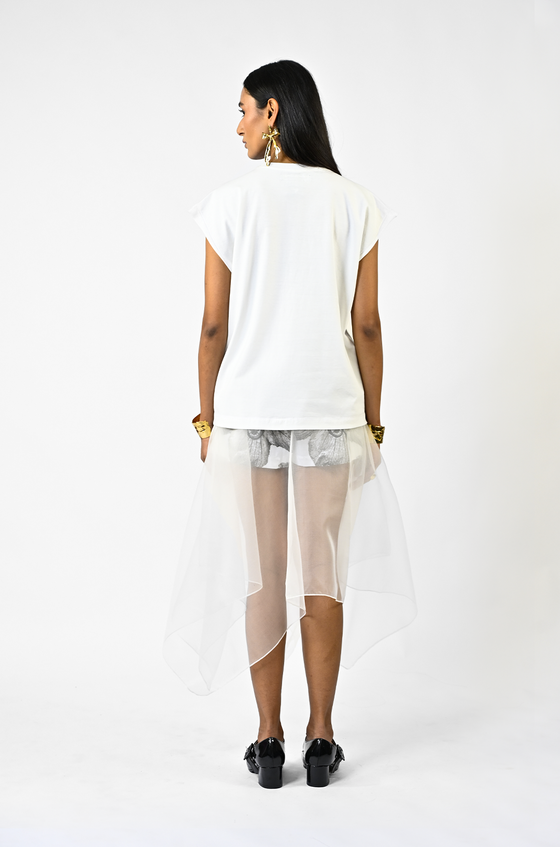 Hand-embroidered canine top with hanging silk threads (Women's) - White