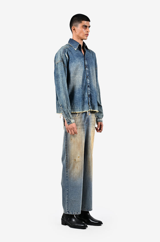 Hand-painted mud-washed denim (Indigo)