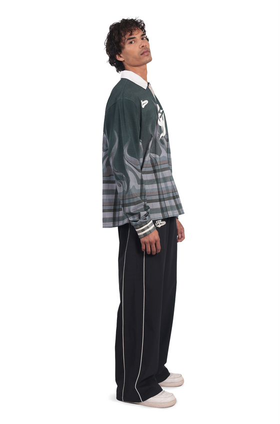 Shreyas Iyer x HUEMN 'SI' monogram full sleeved t-shirt in checkered flame pattern (Green)