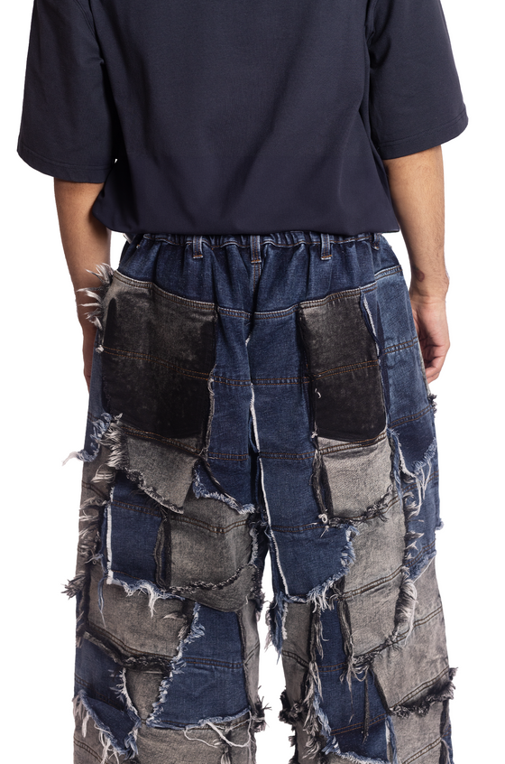 Oversized unisex denim with dual-toned 100 patched panels