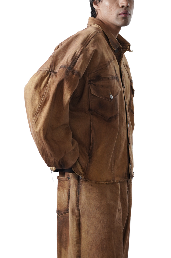 Oversized unisex jacket with hand-painted mud-washed surface (Copper)