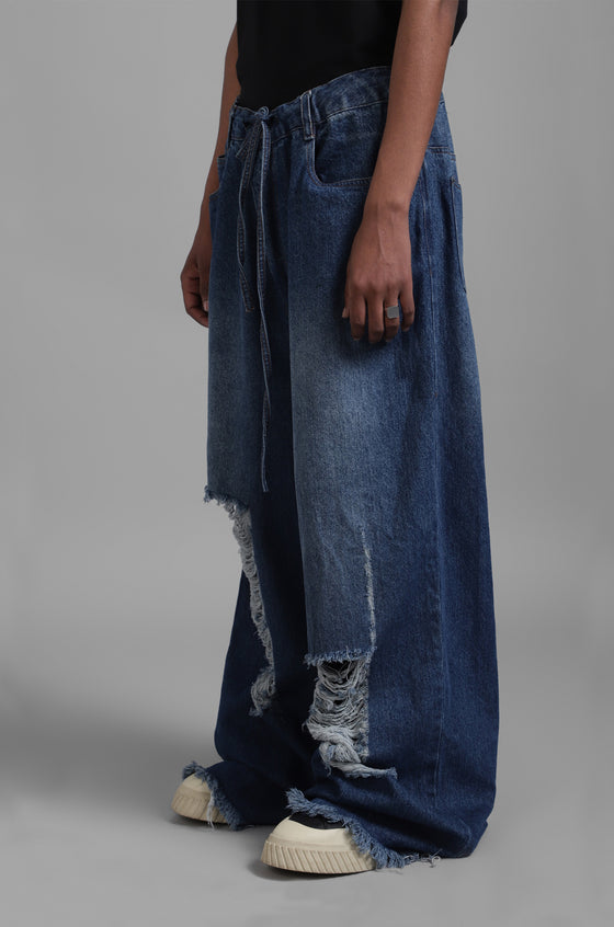 SuperHUEMN Dark Wash Faded Effect Classic Distressed Jeans (Indigo)