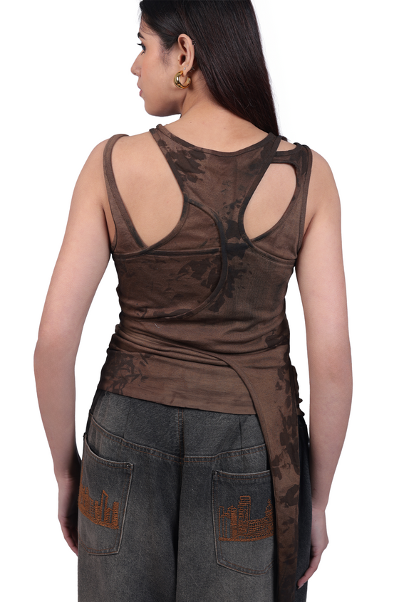 Tank top with layered panels and hand-painted mud washed surface (Brown)