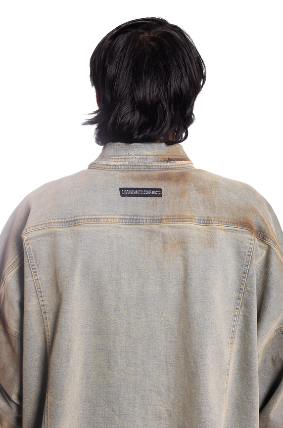 Oversized unisex jacket with hand-painted light mud-washed surface (Indigo)