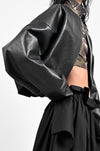 Oversized raw-edge cropped leather bomber jacket