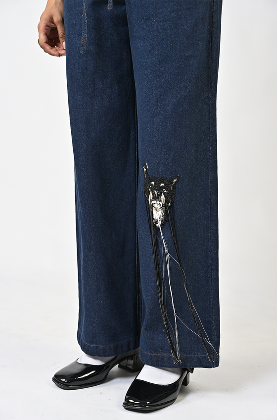 Straight fit hand-embroidered canine denim