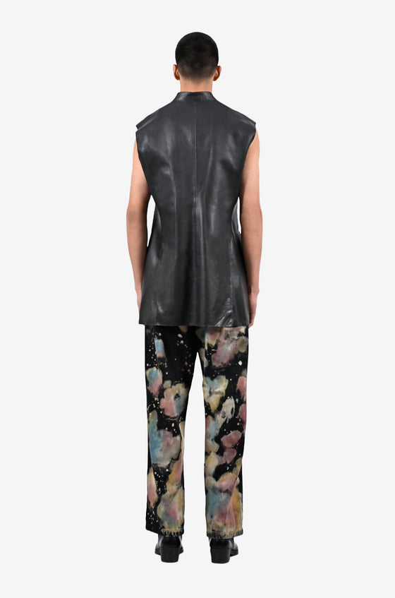 Straight fit raw-edge leather longline sleeveless jacket
