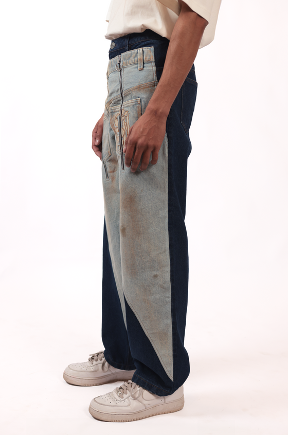 Shreyas Iyer x HUEMN de-constructed denim with a hand-painted mud-washed panel (Indigo)