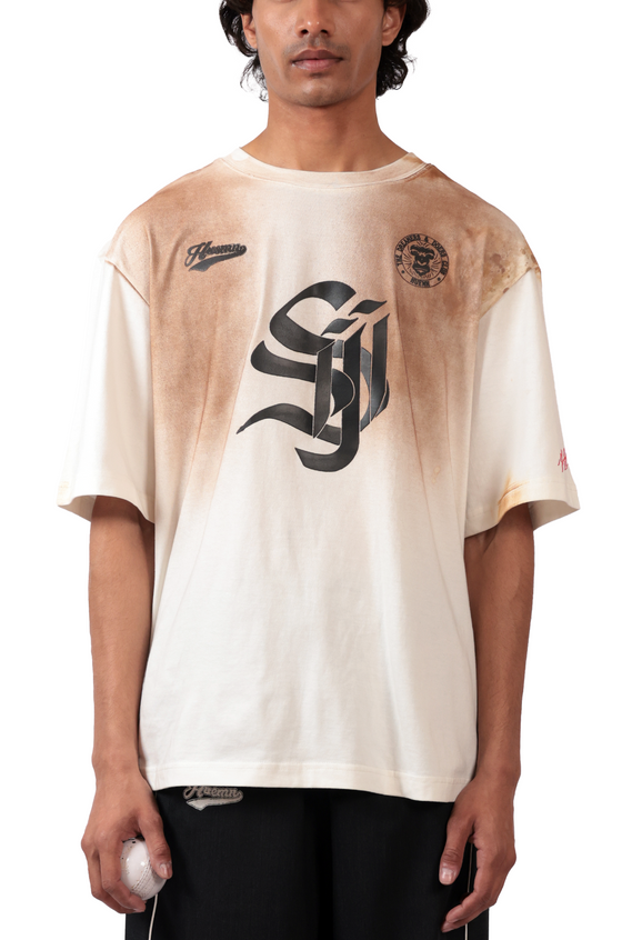 Shreyas Iyer x HUEMN 'SI' monogram T-shirt with handpainted mud-washed surface (White)