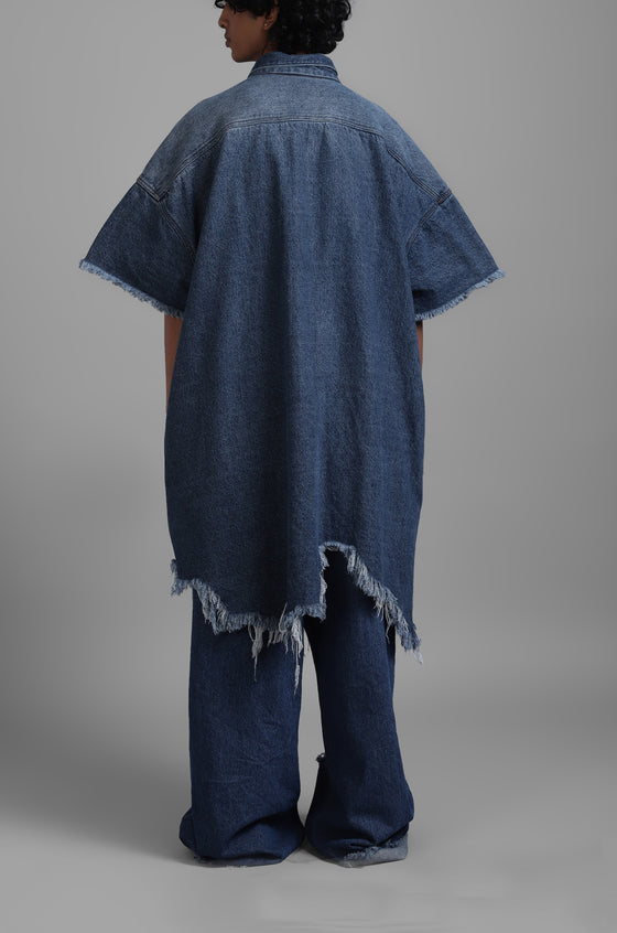 SuperHUEMN Dark Wash Denim Oversized Asymmetric Longline Shirt (Indigo)