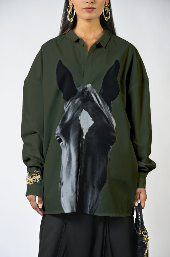Horse printed cotton shirt - Dark Green