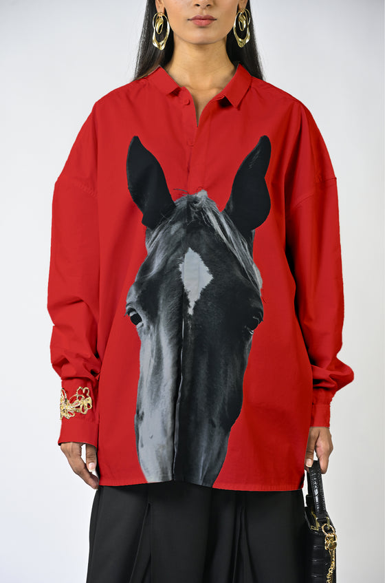Horse printed cotton shirt - Iconic Red