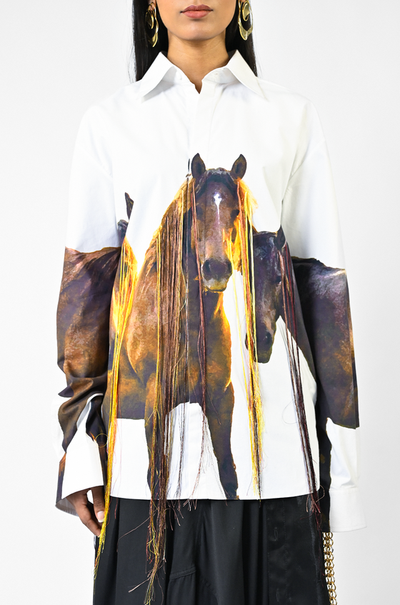Horse printed cotton shirt with hanging silk threads