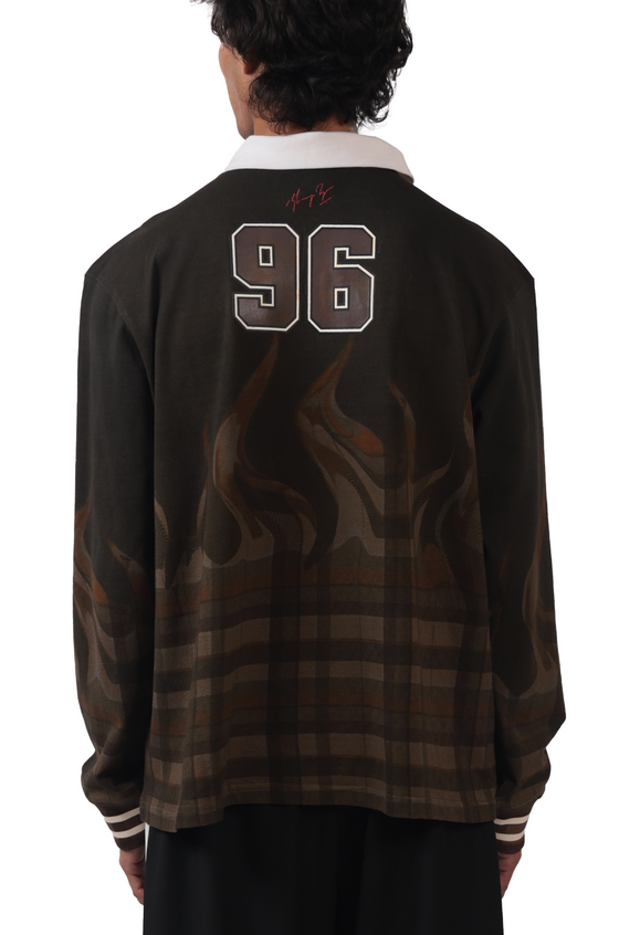 Shreyas Iyer x HUEMN 'SI' monogram full sleeved t-shirt in checkered flame pattern (Brown)