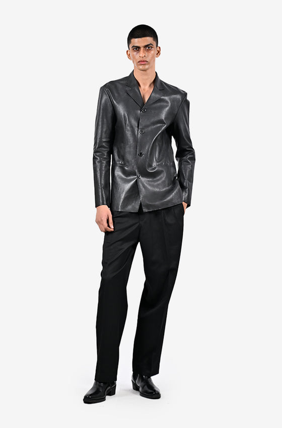 Straight fit raw-edge leather blazer