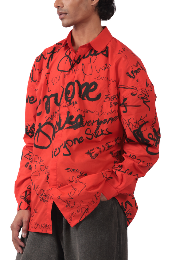 Oversized unisex shirt with 'everyone sucks' all-over print (Red)