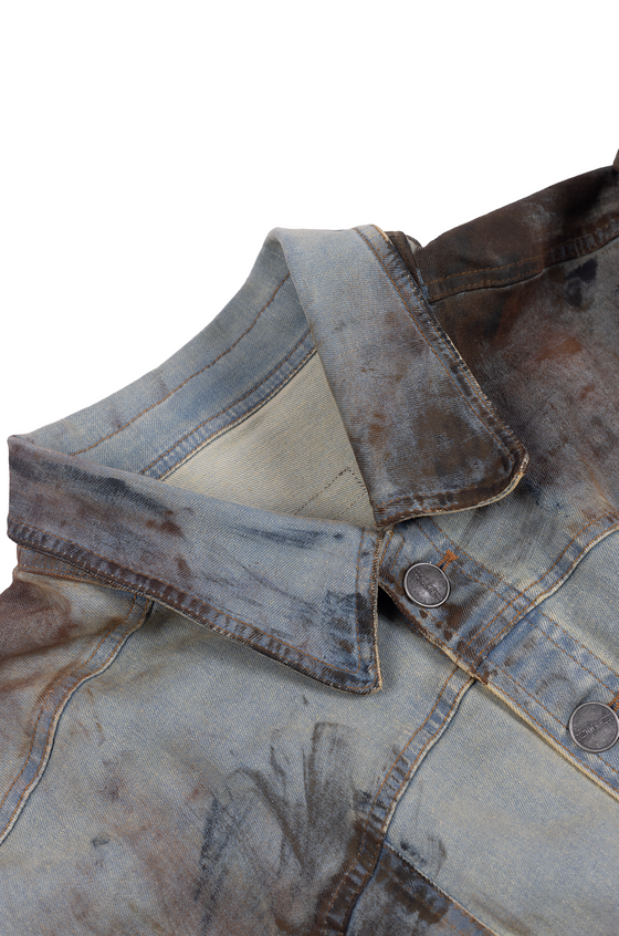 Oversized unisex jacket with hand-painted dark mud-washed surface (Indigo)