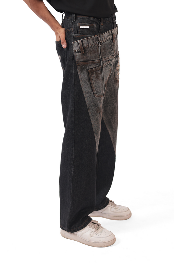 Shreyas Iyer x HUEMN de-constructed denim with a hand-painted mud-washed panel (Black)