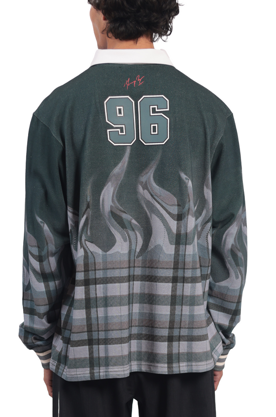 Shreyas Iyer x HUEMN 'SI' monogram full sleeved t-shirt in checkered flame pattern (Green)